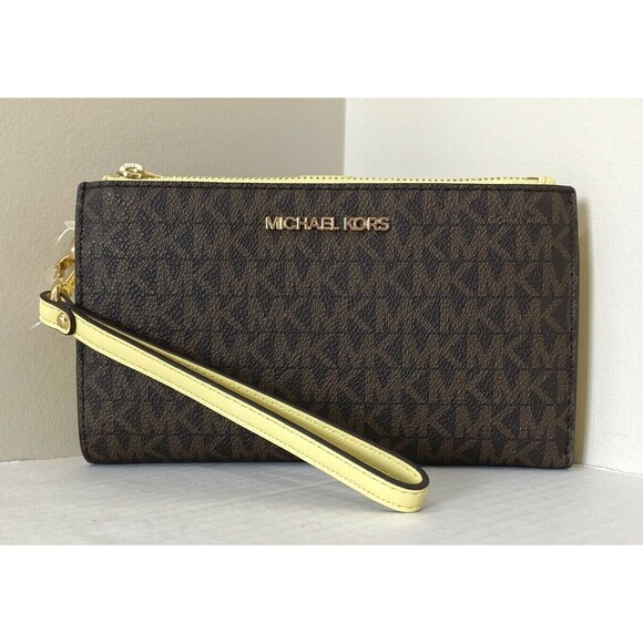 New Michael Kors Jet Set Travel Double zip wristlet wallet Brown / Buttercup - Picture 1 of 6